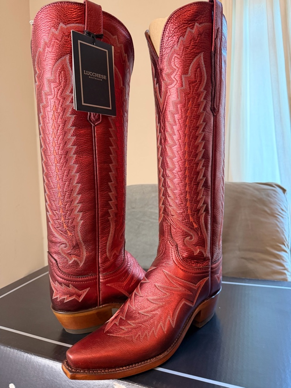Lucchese Red Embroidered Leather Knee-High Heeled Boots